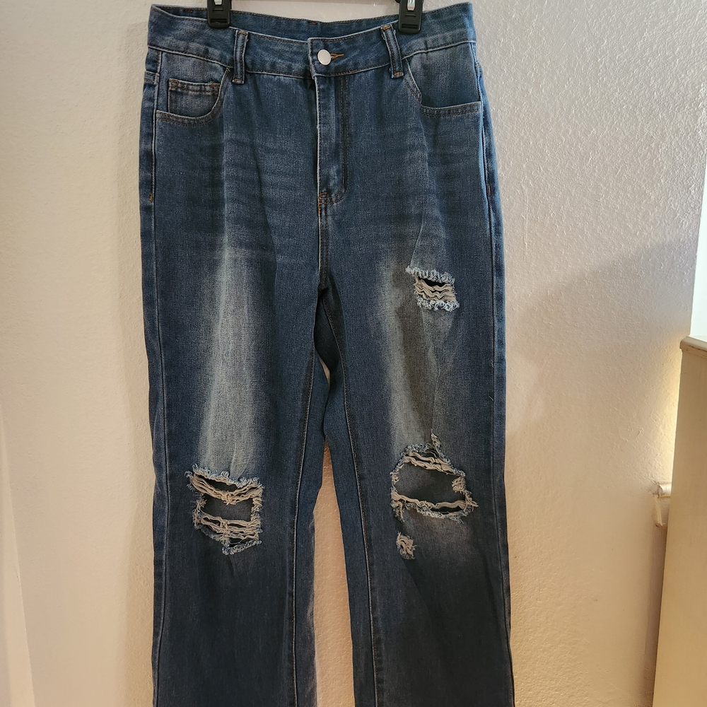 SHEIN Blue High Waisted Baggy Wode Leg Denim Jeans Size Petite Large